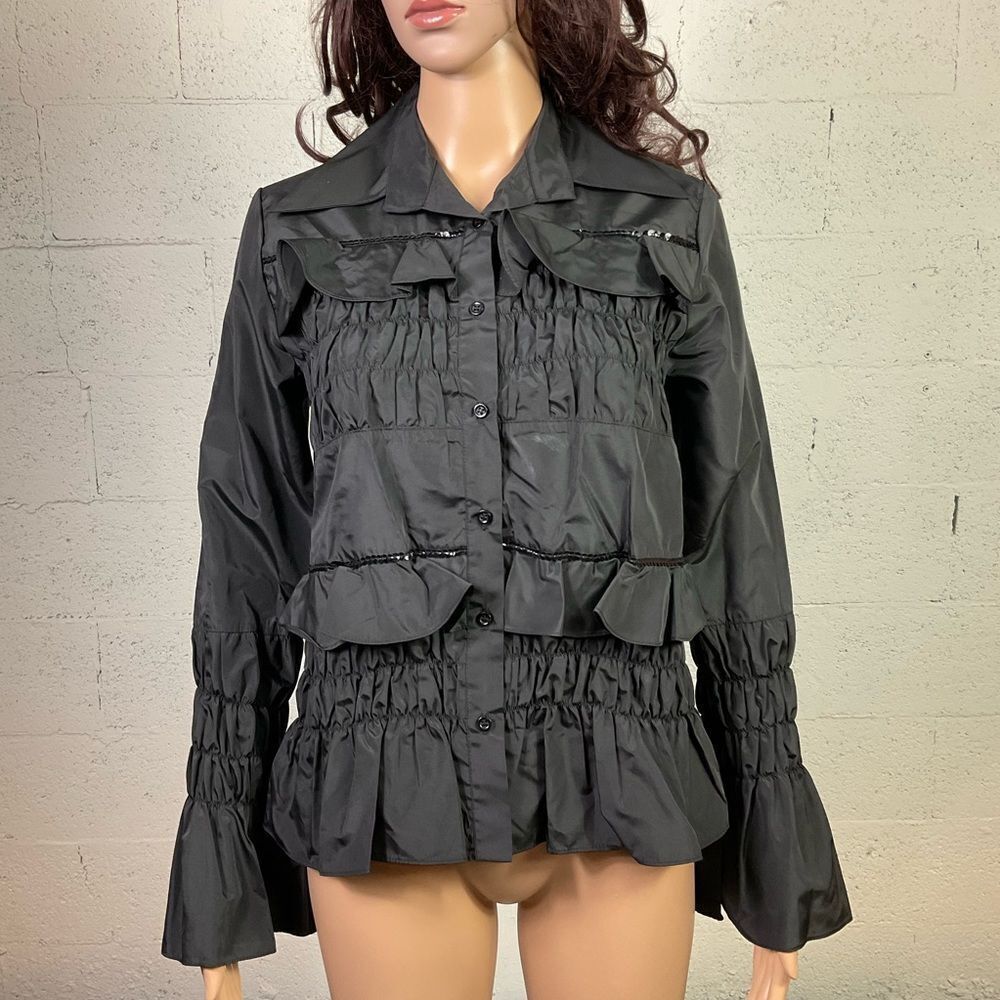 Natali Paris Black Button Front Ruffle Long Sleeve blouse Jacket 2